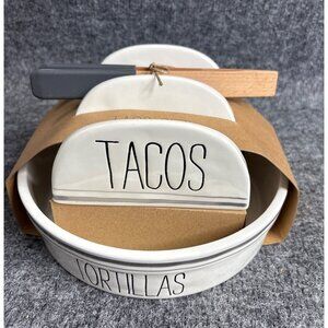Mud Pie Taco Set With Ceramic Tortilla Warmer & Wood Tongs